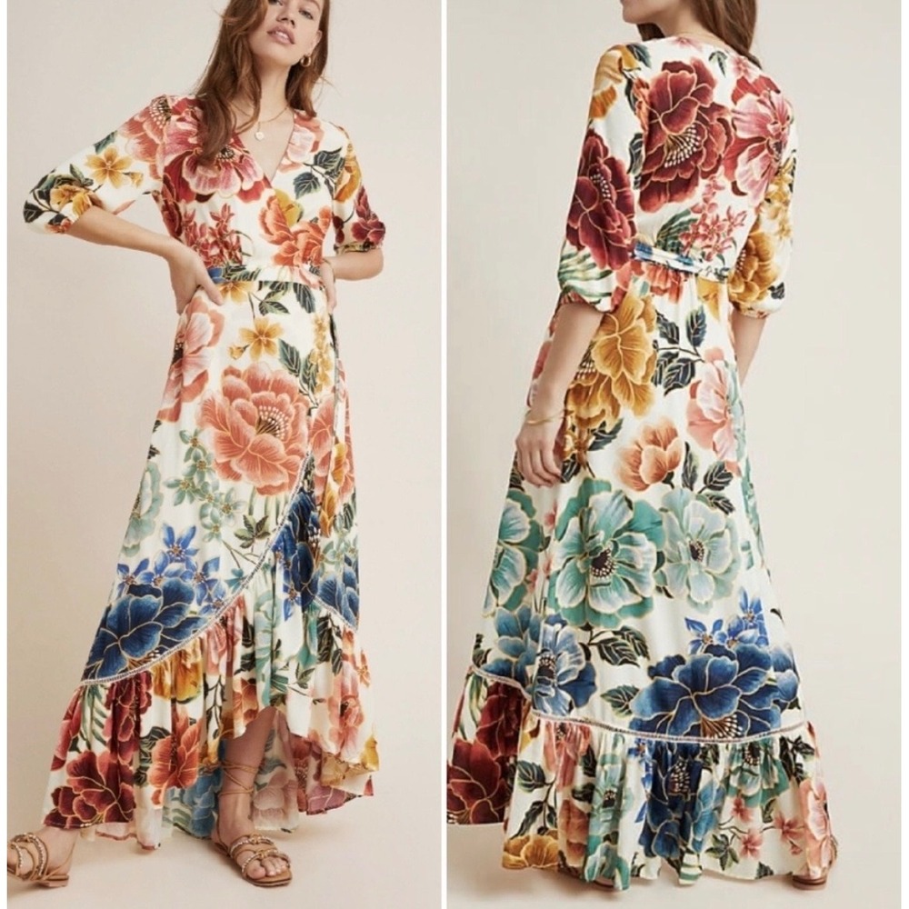 Farm Rio for Anthropologie Floral Wrap Maxi Dress Cream Orange Teal Size M READ
